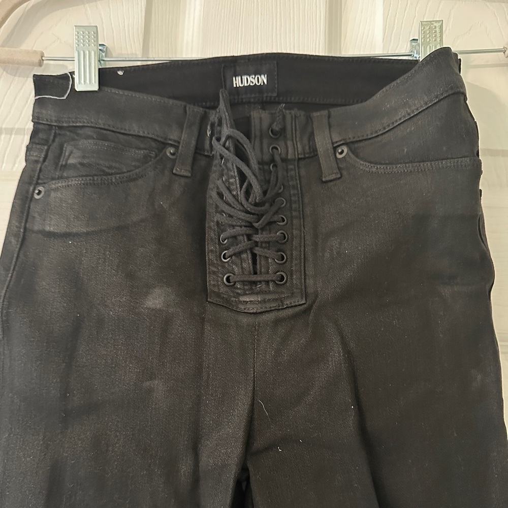 Hudson Black Coated Slightly Distressed Lace Up Jeans - Size 26